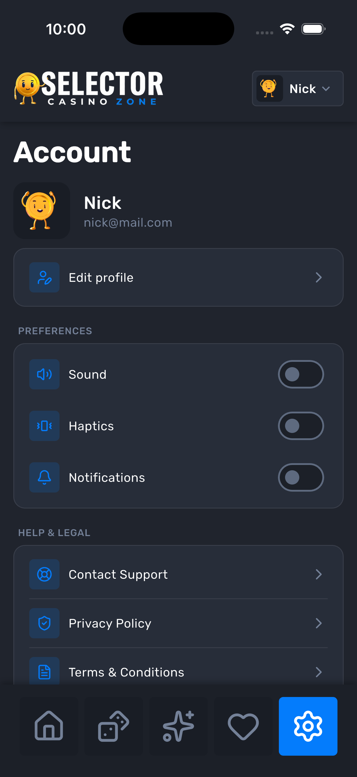 Account screen with sound, haptics, and notifications toggles