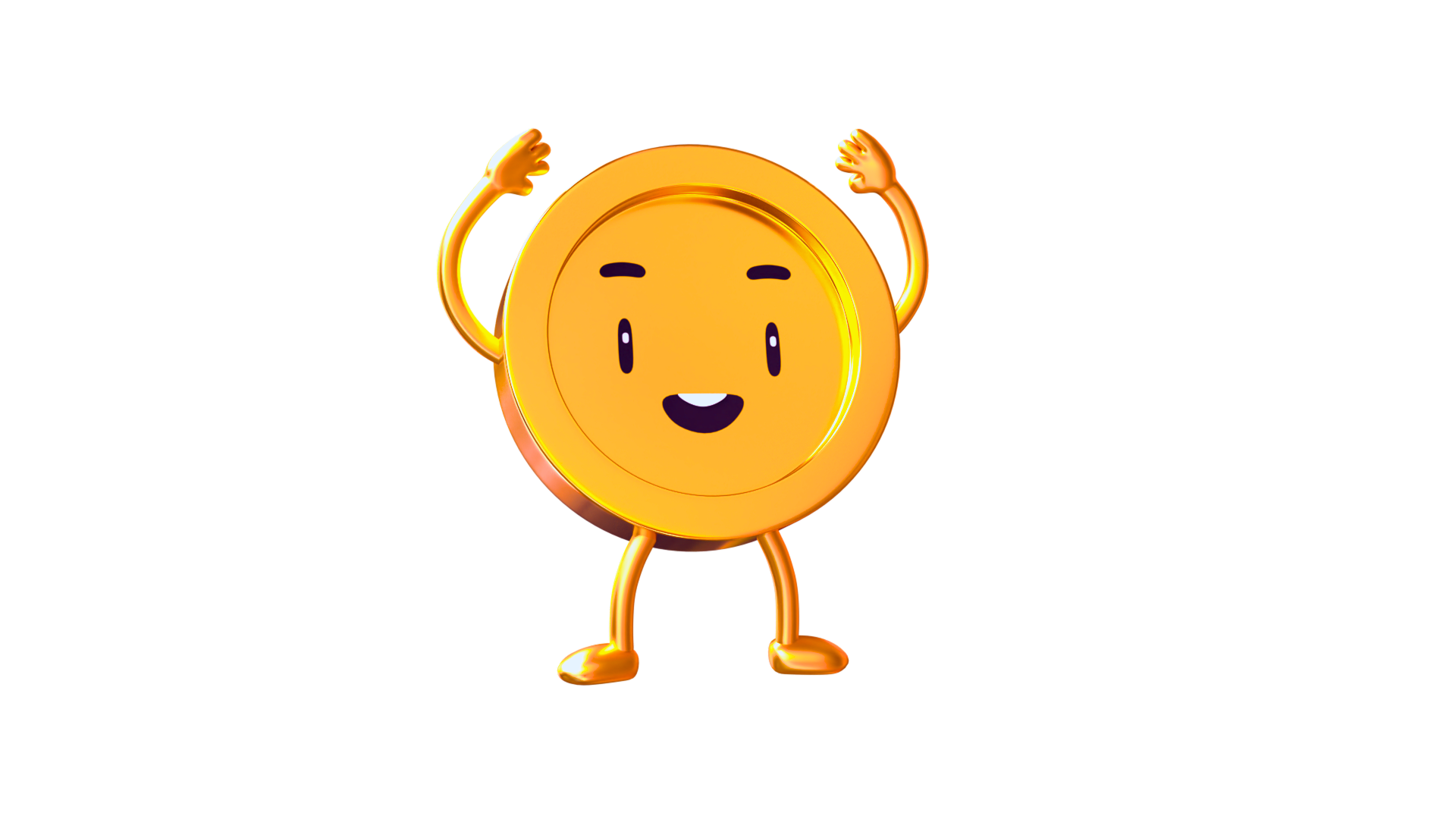 Gold coin mascot with arms raised