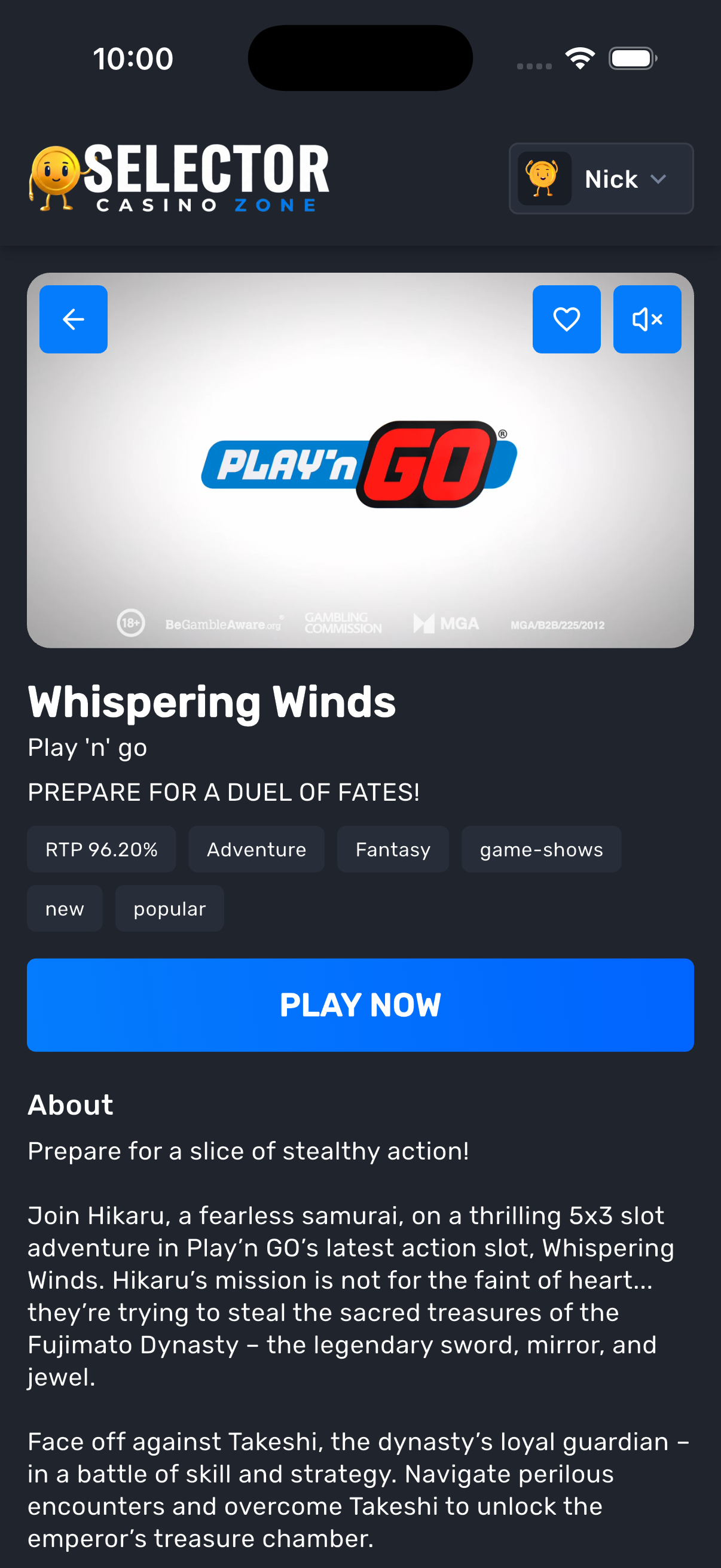 Game detail for Whispering Winds with Play now and theme chips