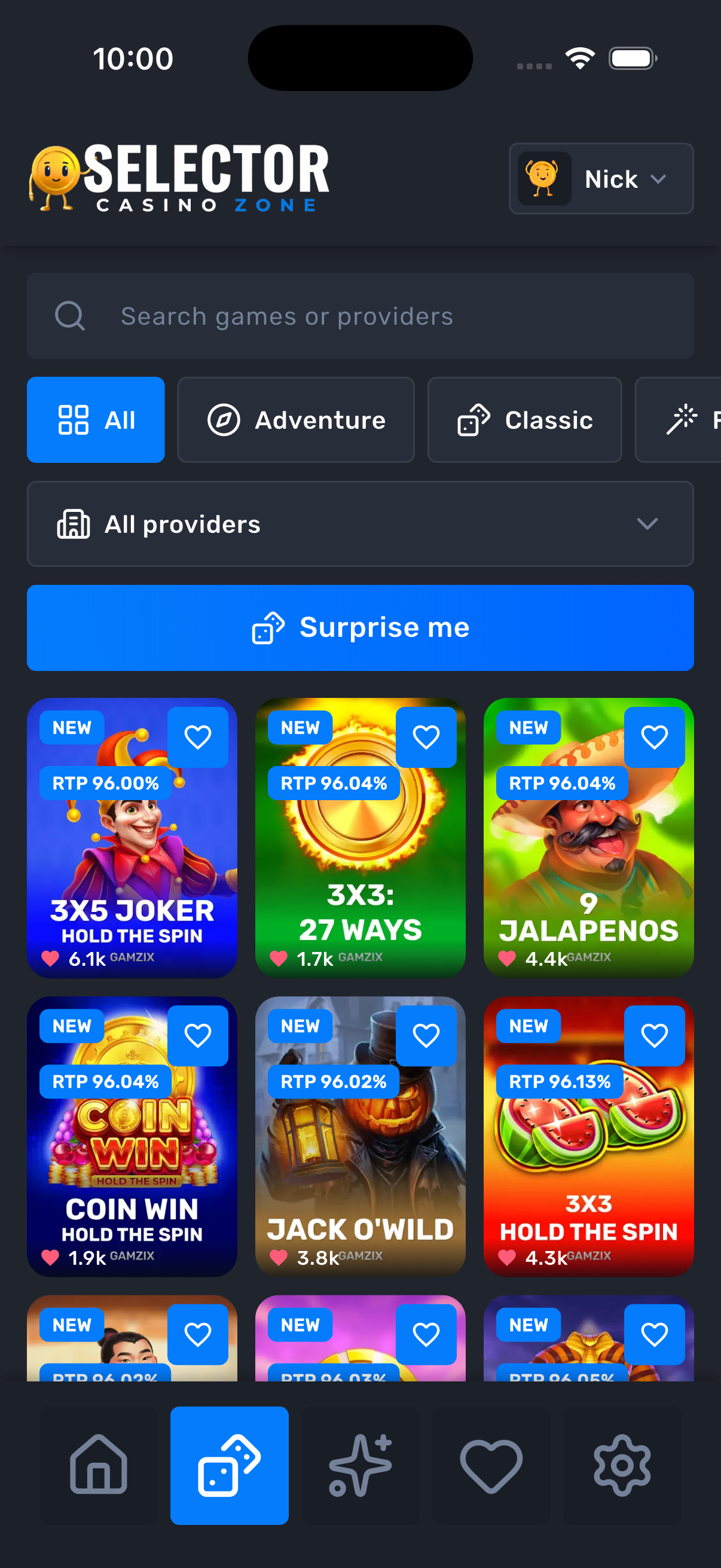 Games tab with search, filters, and a three-column grid