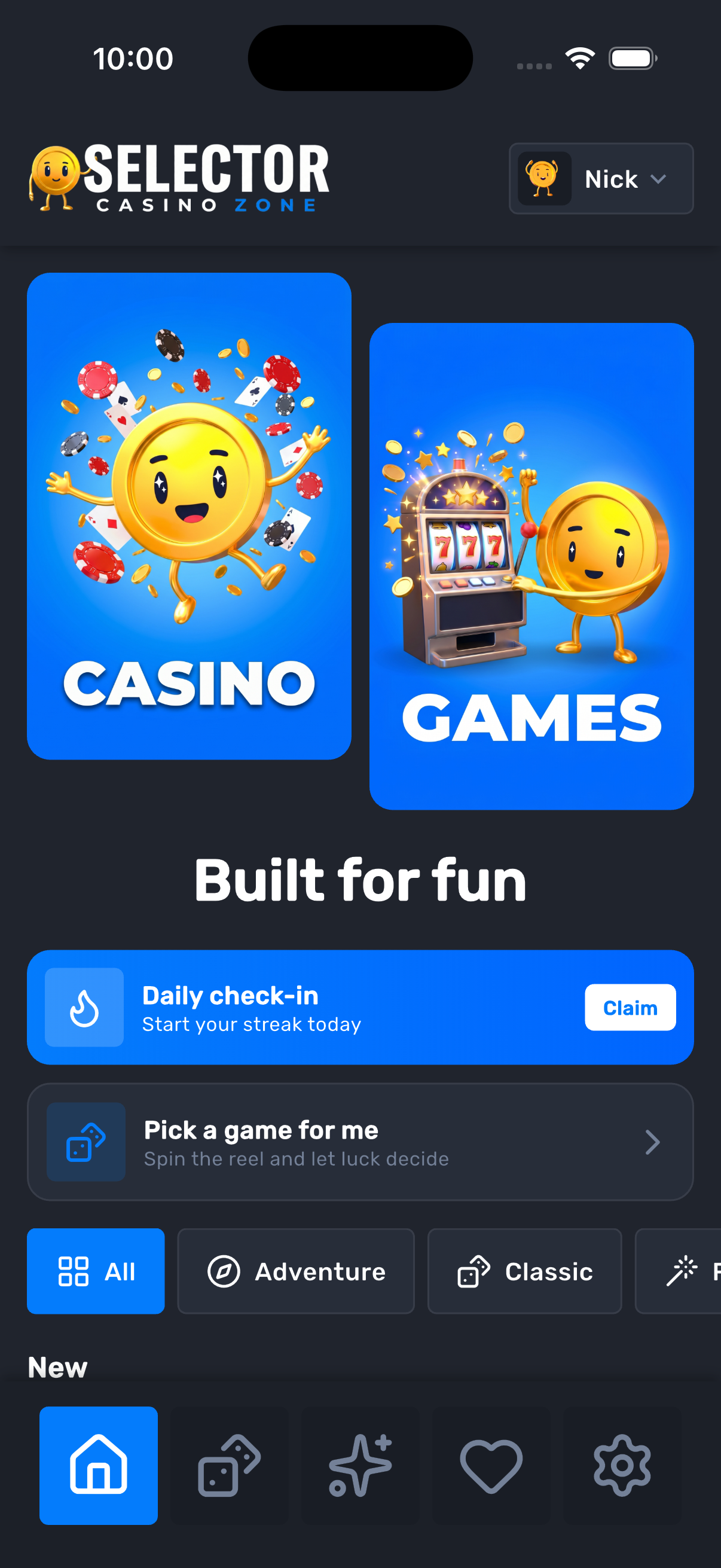 Home feed with promo banners, daily check-in, and theme chips